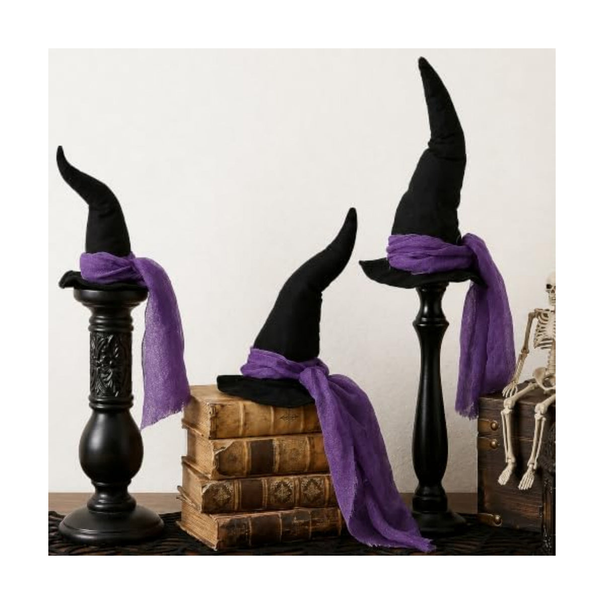3 Pcs 3 Size Halloween Witch Hat Table Centerpiece with Purple Gauze Ribbon