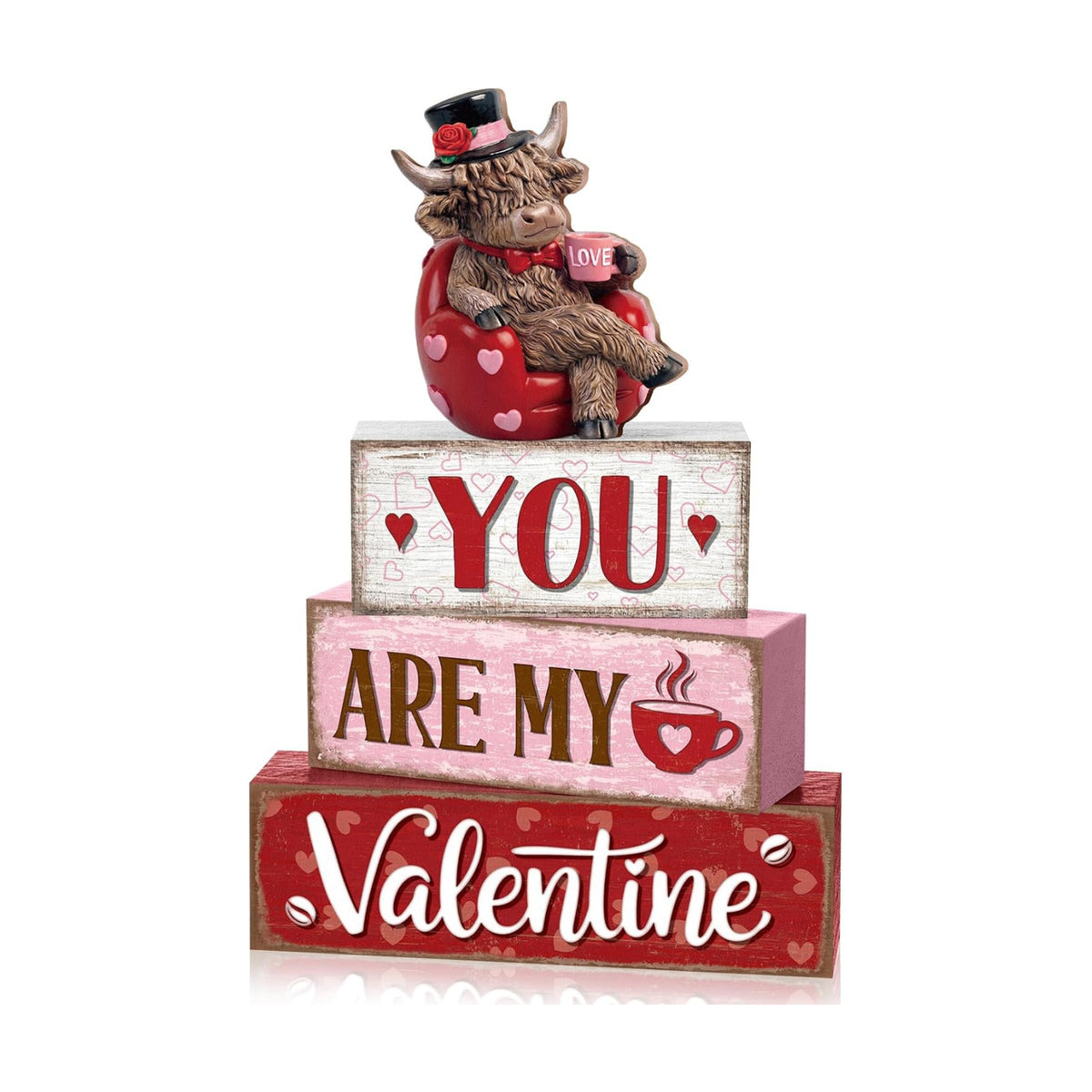 Yousoontic Valentine's Day Highlandcow Block Sign Rustic Tiered Tray Decor