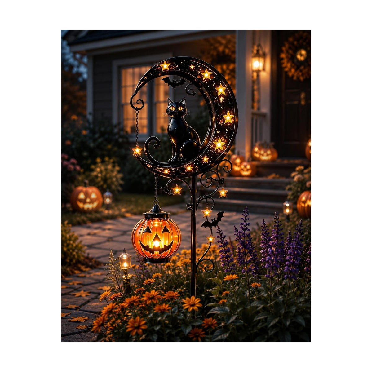 Halloween Garden Decorations Solar Cat Garden Lights Stake Outdoor Lantern Pumpkin Moon Yard Black Cat Waterproof Night Decor Holiday Jack Star LED Pathway Lawn Porch (C)