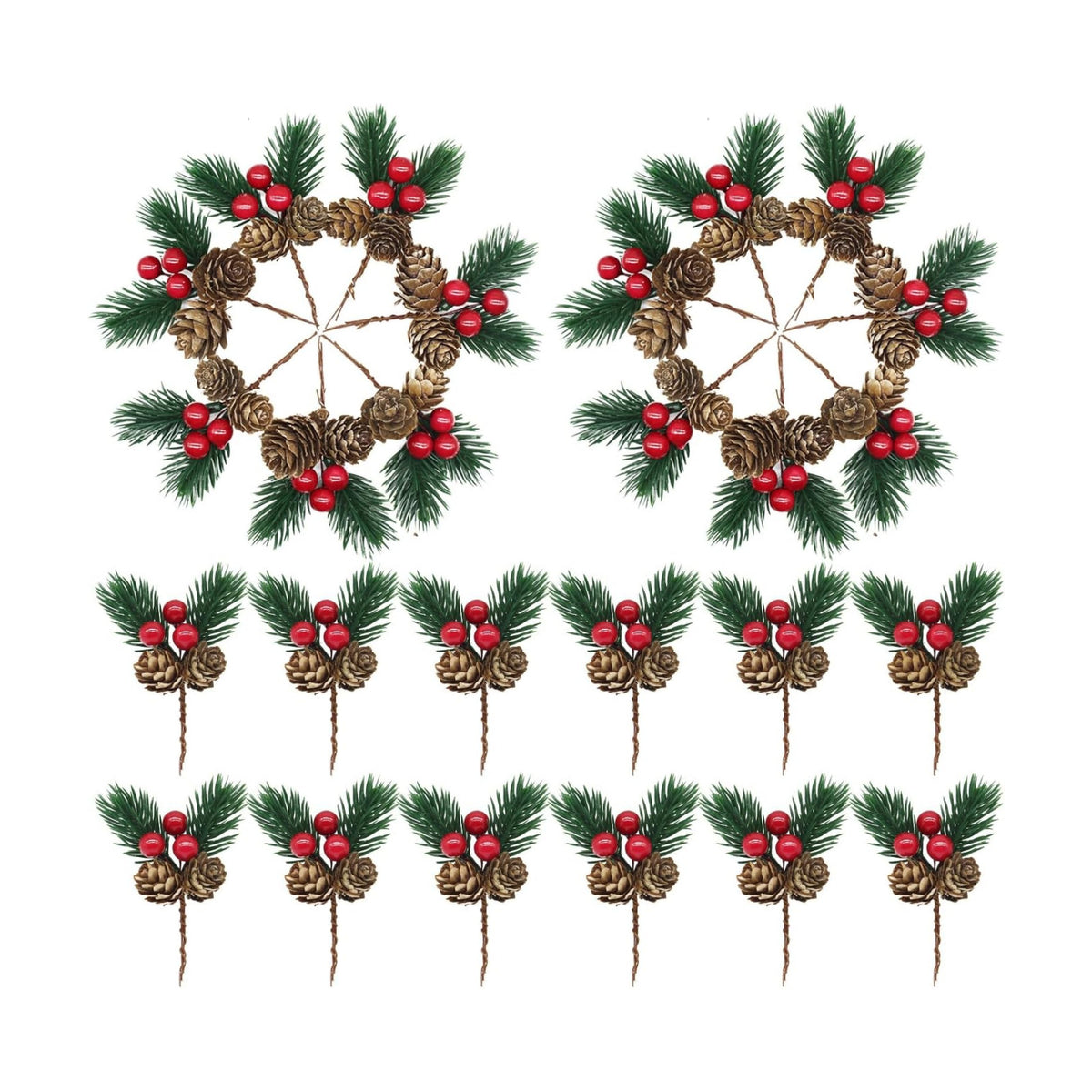 Christmas Floral Picks, 100Pcs Pine Cone Holly Berry Stems for Crafts