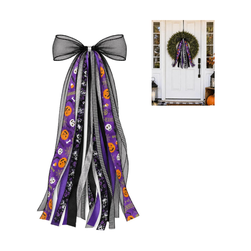 Halloween Wreath Sash Front Door Ribbon Bow Purple Streamer Decor