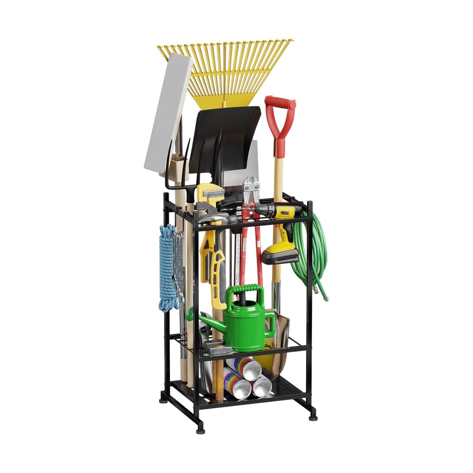 Garden Tool Organizer with Leveling Feet, Yard Tool Tower Rack for Garage Organization with Large Tool Bags with