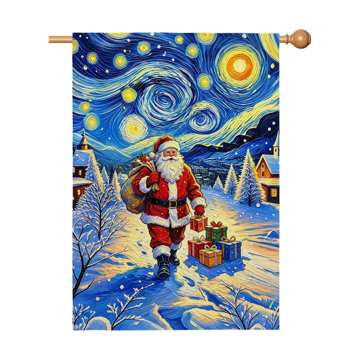 Christmas House Flag Santa Claus Winter Village Xmas Garden Flag Snowy Merry Christmas Night Starry Sky Van Gogh Yard Banner Double Sided for Farmhouse Seasonal Porch Decor 28 x 40 Inch