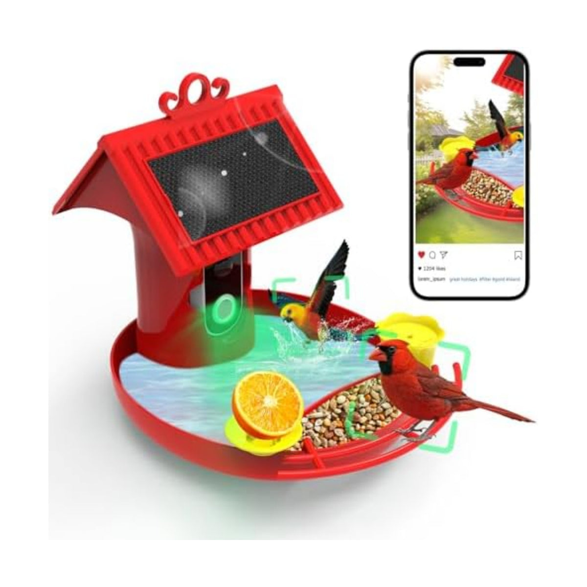 Bird Feeder with Camera - 4K HD Live View, Smart Bird Feeder Solar Powered, AI Recognition Auto Capture Video, 3-in-1 Feeding & Bathing & Hummingbird, Outdoor Garden Bird House (Red)