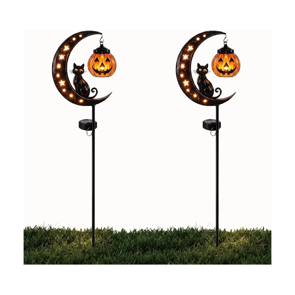 Solar Halloween Black Cat & Pumpkin Moon Garden Stake Light, Jack-o'-Lantern Lantern Solar Outdoor Waterproof LED Yard Decoration with Crescent Moon, for Garden, Patio (Style A A)