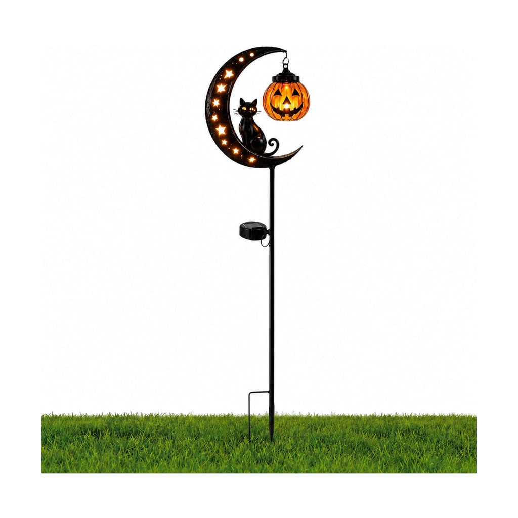 Solar Halloween Black Cat & Pumpkin Moon Garden Stake Light, Jack-o'-Lantern Lantern Solar Outdoor Waterproof LED Yard Decoration with Crescent Moon, for Garden, Patio (Style A)