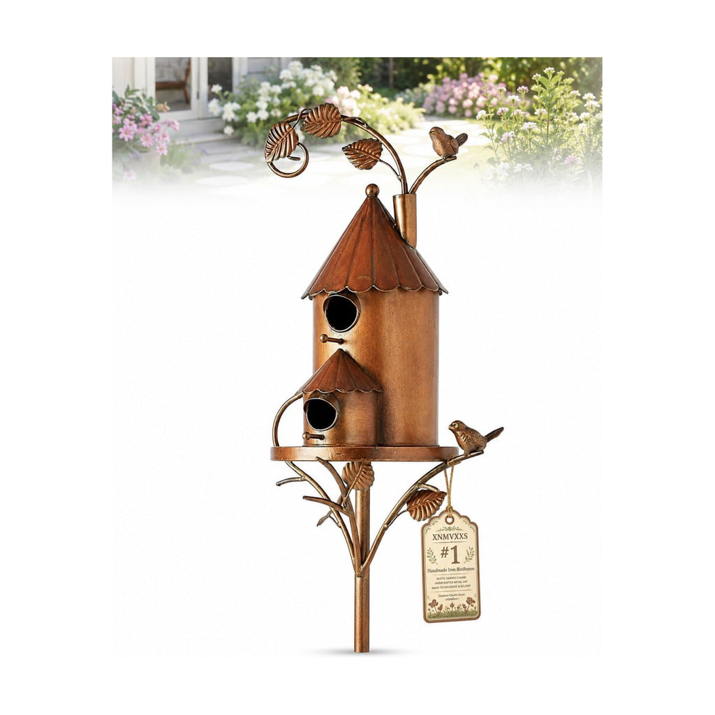 Handmade Iron Birdhouse Metal Garden Stake Bird House with Pole Stand | Rustic Outdoor Decorative Nesting Box for Yard