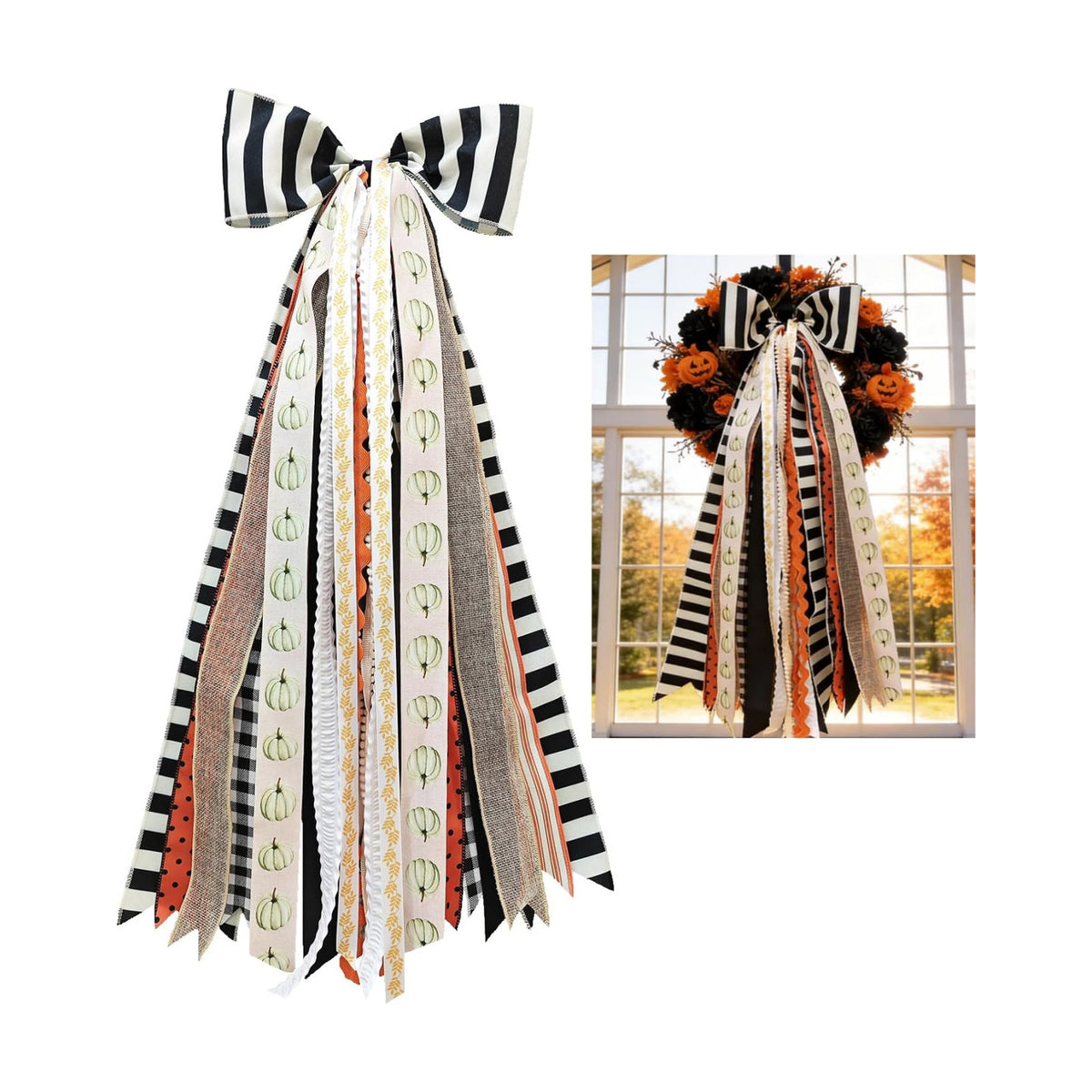 Halloween Black Striped Bow, Fall Wreaths Sash for Front Door Decor