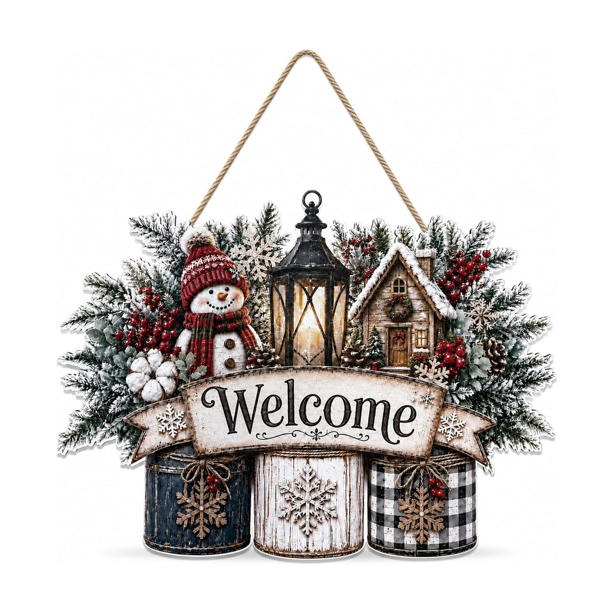 Christmas Decorations - Winter Snowman Welcome Wooden Sign for Front Door