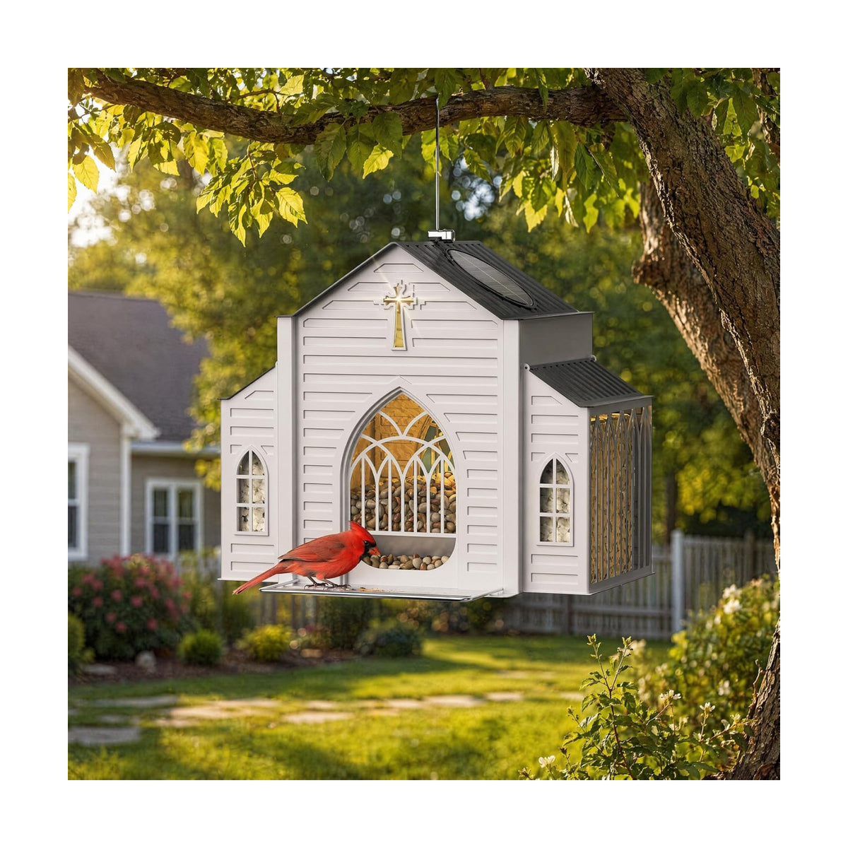 Solar Church Metal Hanging Bird Feeders for Outdoors, Auto Light Wild Bird Feeders for Outside, Solar Lanterns Outdoor Waterproof Outside Garden Decor, Religious Decor Gift for Christmas & Birthday