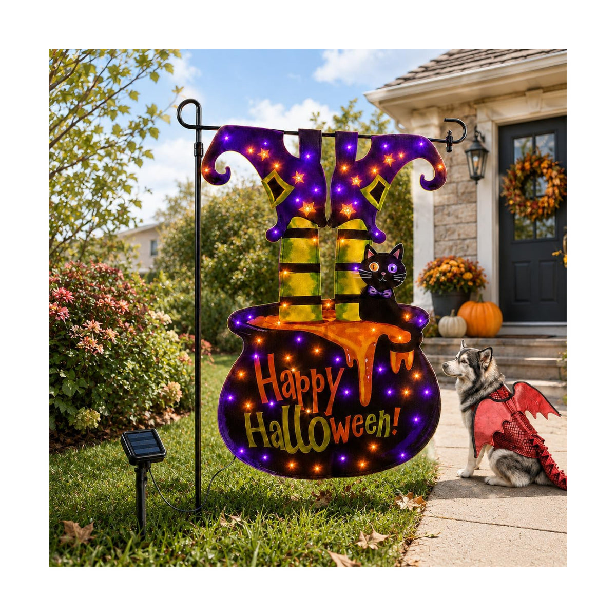 Halloween Lighted Garden Flag, Solar Witch Legs Cauldron Decor, 12 x 18 in