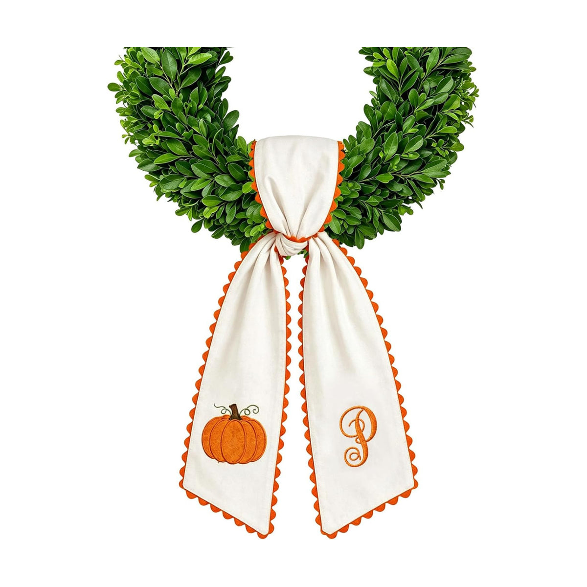 Halloween Pumpkin Wreath Sash Fall Front Door Orange Bow Decor Soft Cotton Feel Fabric Raised Embroidery Scalloped Trim Seasonal Accent Initials (P)