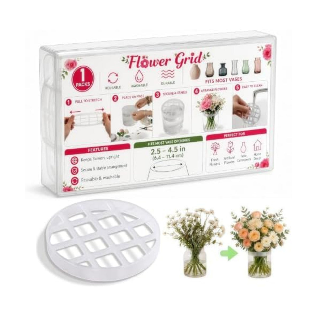 Flower Grid Silicone Vase Stem Organizer, 1 Pack, 3.2 Inch for Medium Vase