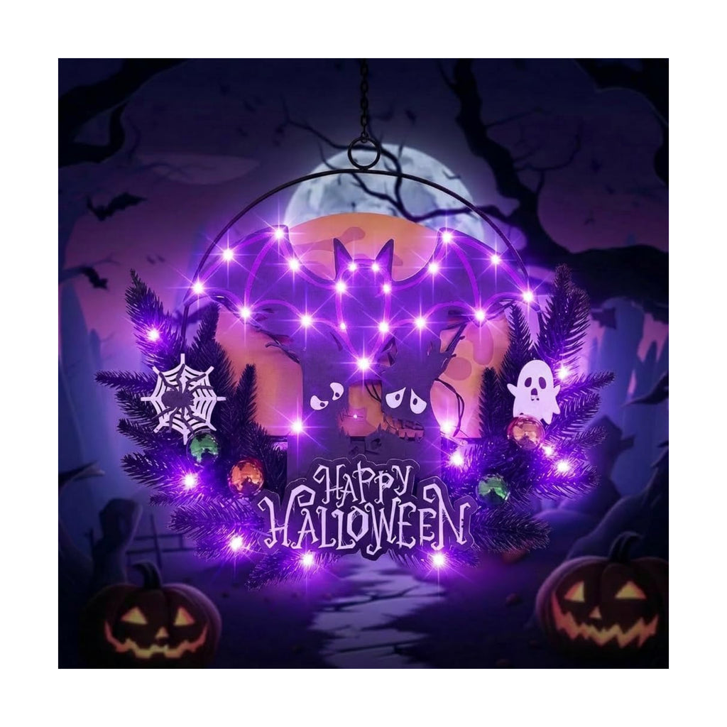 Pre-Lit Halloween Wreath for Front Door, Lighted Witch with 6H On/18H Off