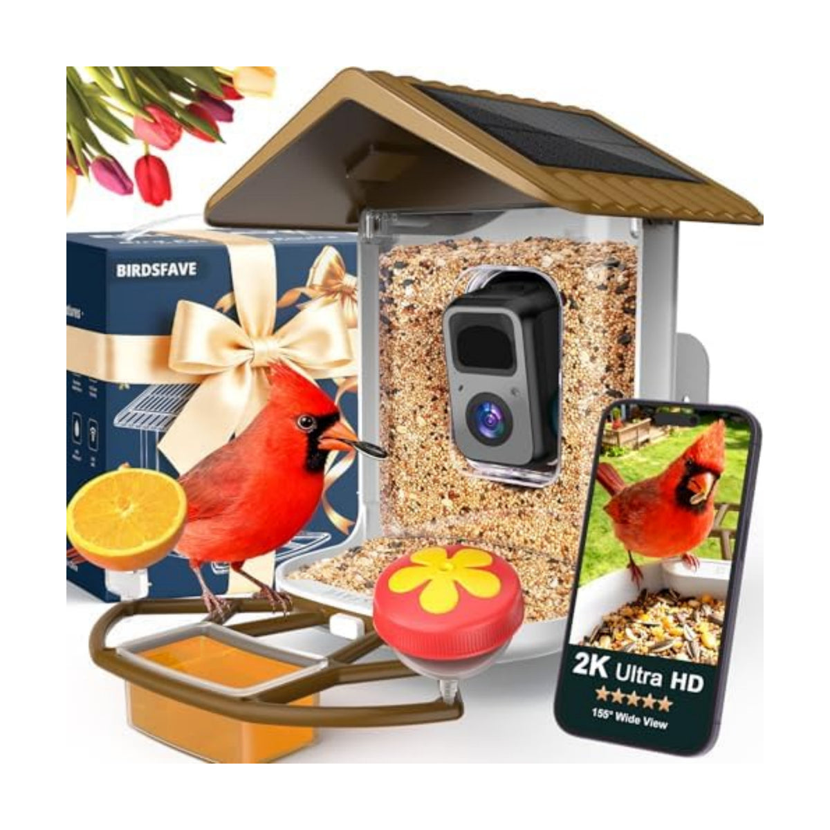 Bird Feeder with Camera Solar Powered 2K Video with 32GB Card Auto Capture