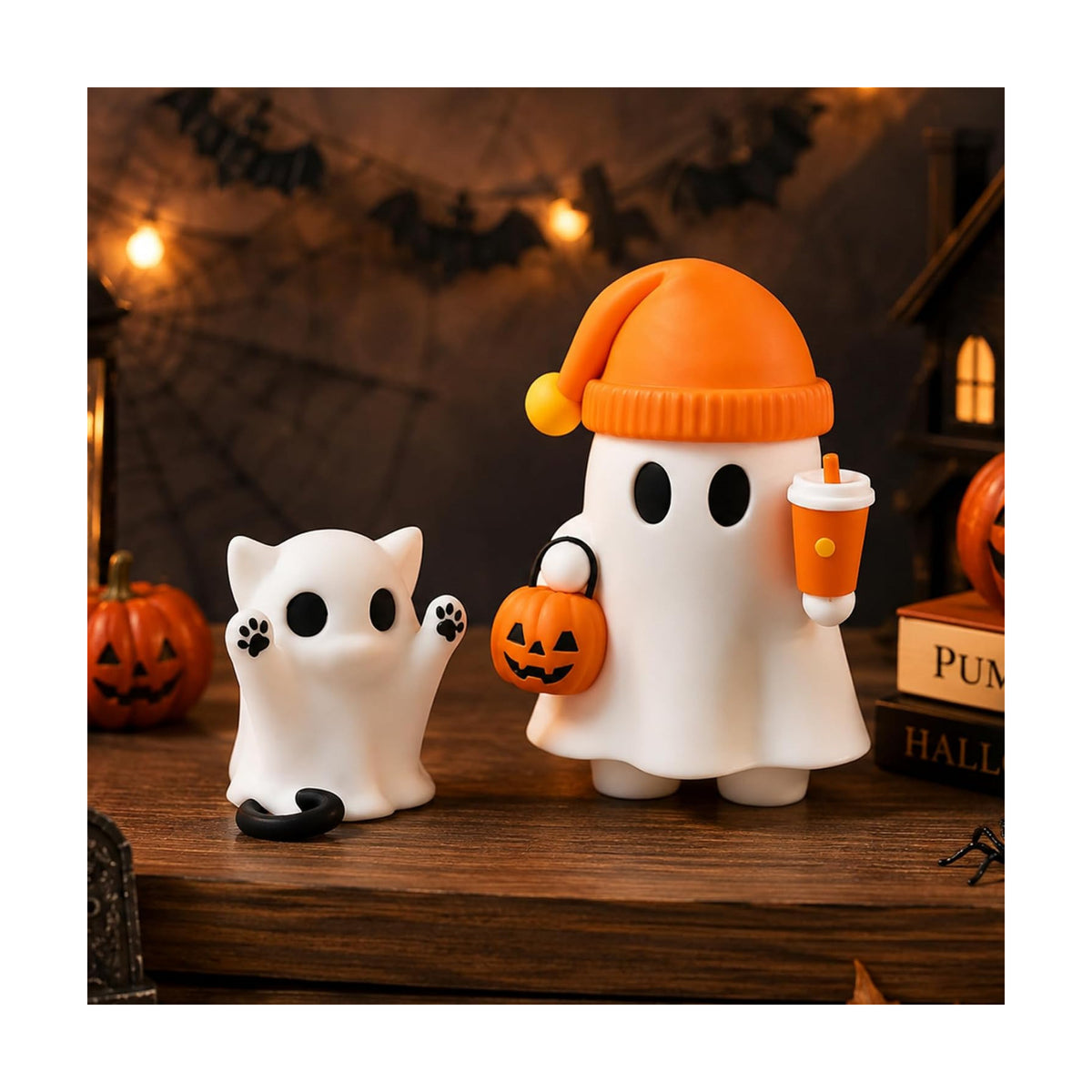 Cute Cat Halloween Ghost Figurine with Pumpkin Bucket and Orange Drink