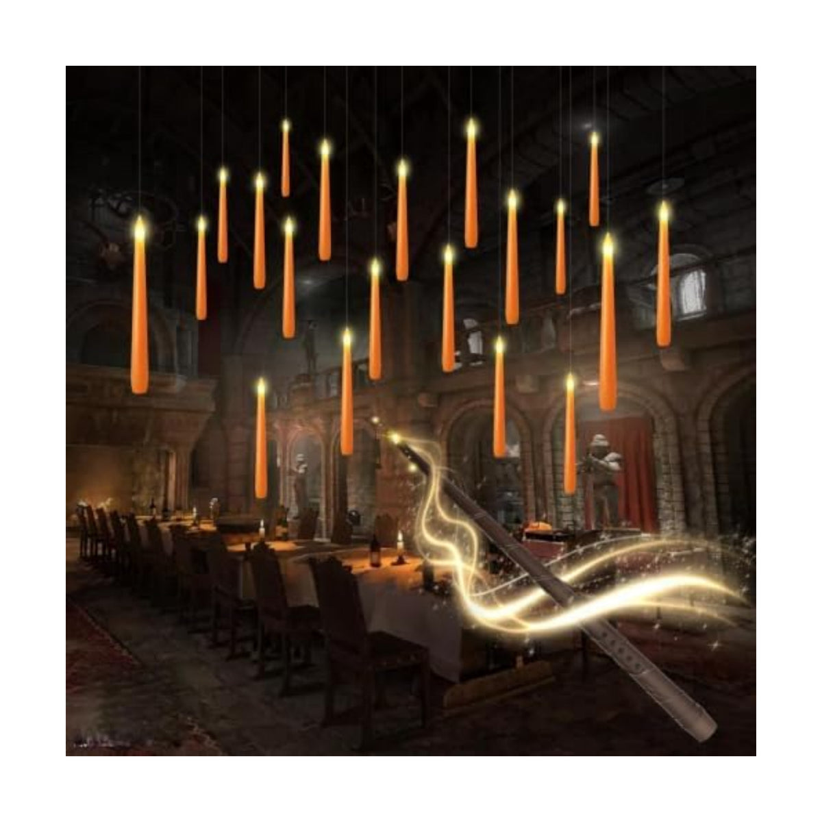 kakoya Flameless Floating Candles with Wand，20 Pcs Magic LED Hanging Taper Candles，Flickering Battery Operated Taper Candle with Wand Remote for Halloween Decorations Best Gift(Orange)