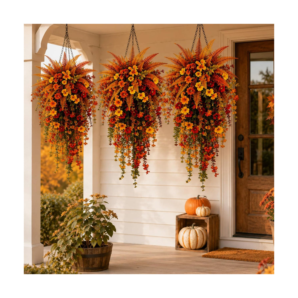 Artificial Fall Harvest Hanging Basket with Hanging Flowers (3PCS)