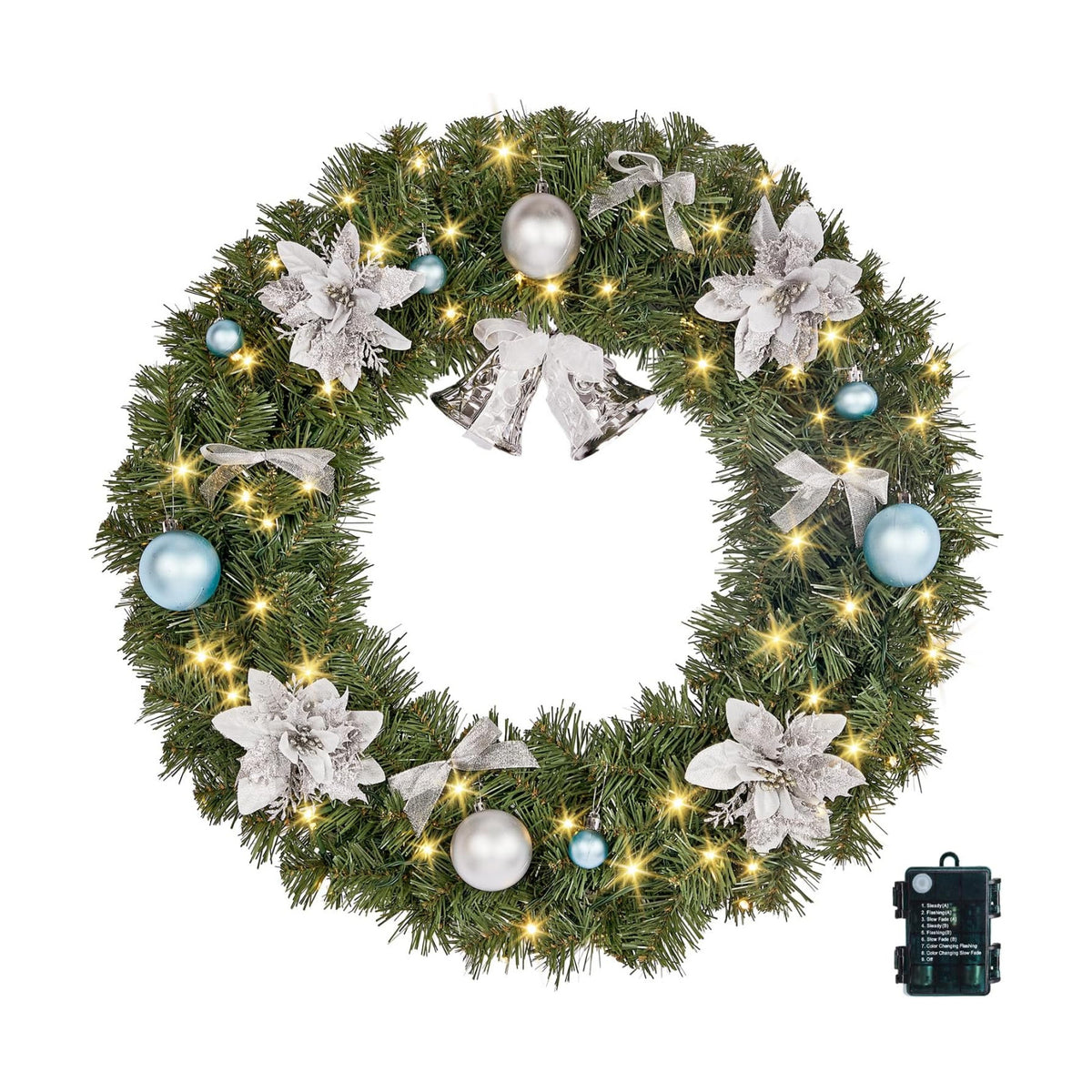 VINGLI 24 Inch Pre Lit Christmas Wreath with 50 LED Light, Battery Operated
