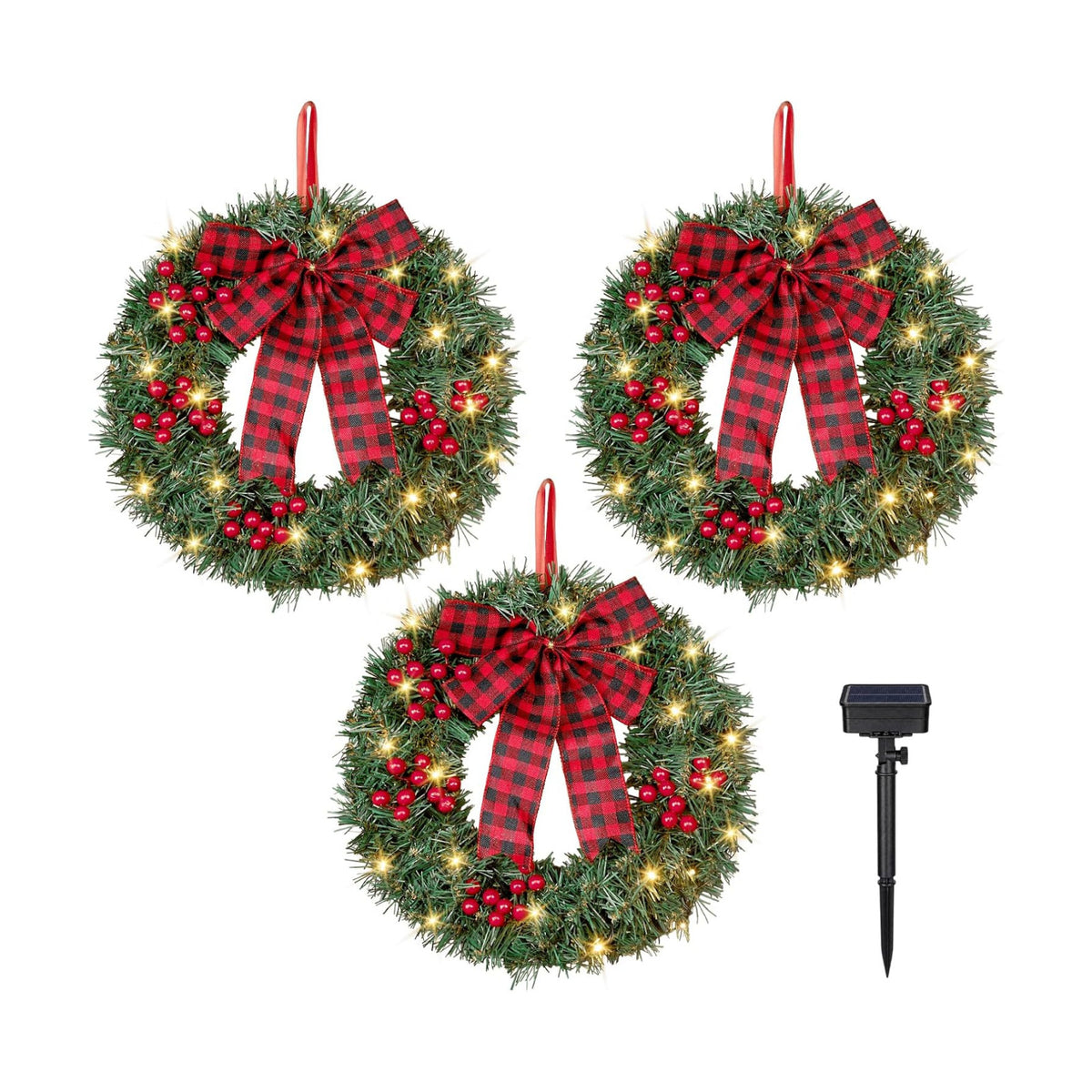 VINGLI 14 Inch Solar Christmas Wreath 3 Pack with 60 LED Lights, Red Bow