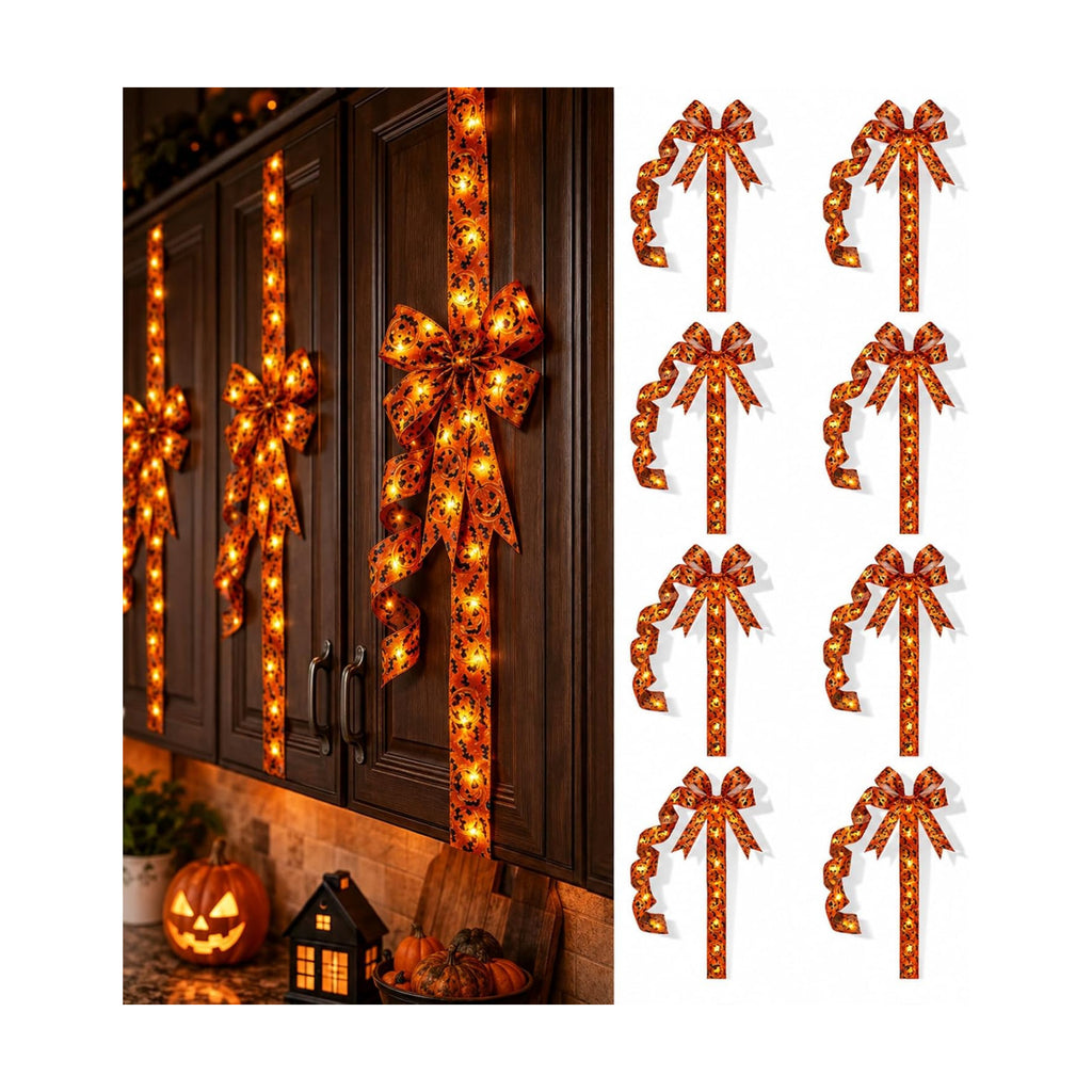 Halloween Cabinet Bow Decor, Light-Up Pumpkin Ribbon Wreath Sash (8 PCS A)