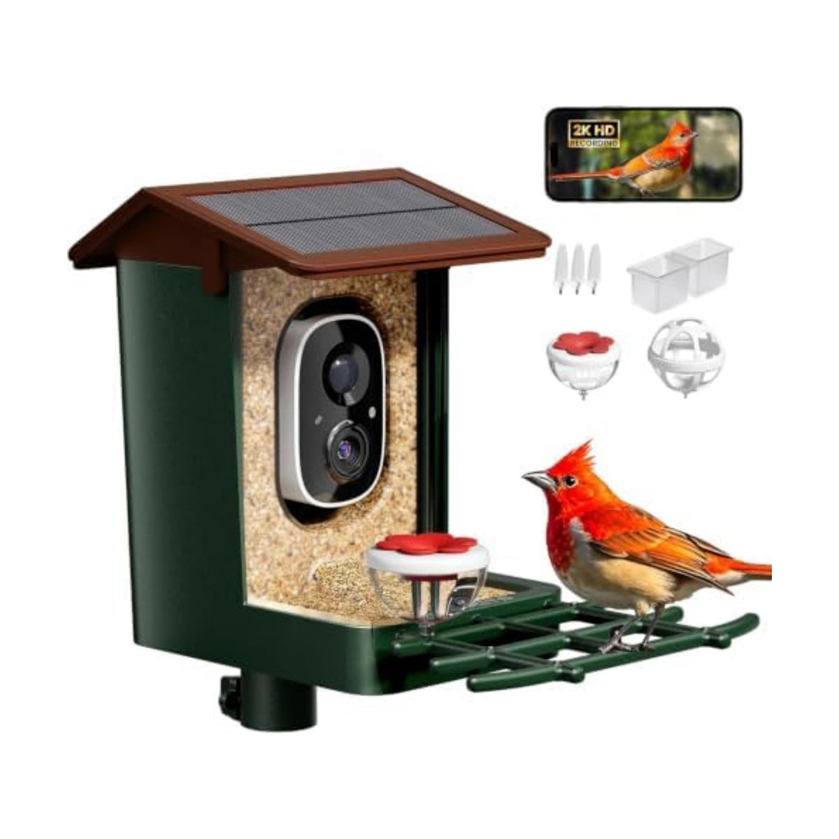 Smart Bird Feeder with Camera Solar Powered 2K HD Video, 10,000+ Species AI Recognition, Real-Time App Alerts, and Weatherproof Design for Effortless Birdwatching, Gift for Bird Lovers, Brown