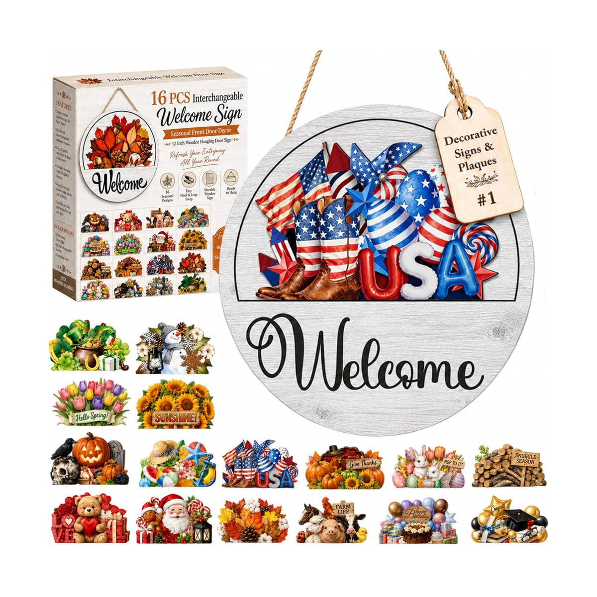 16Pcs Interchangeable Seasonal Welcome Sign 12 Inch Front Door Home Decor