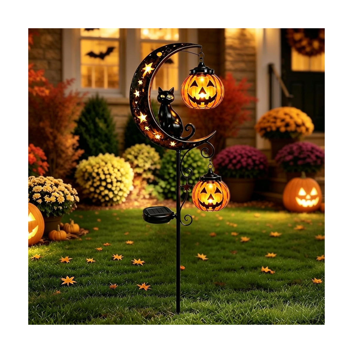Solar Halloween Black Cat & Pumpkin Moon Garden Stake Light Halloween Decor