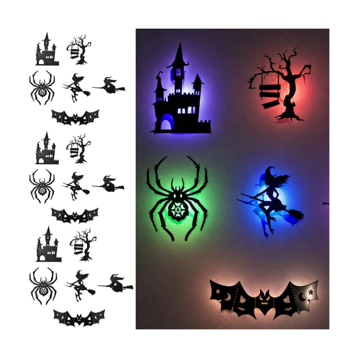 Halloween LED Wall Decor Lights 3D Bat Witch Stickers Window Clings (X3)