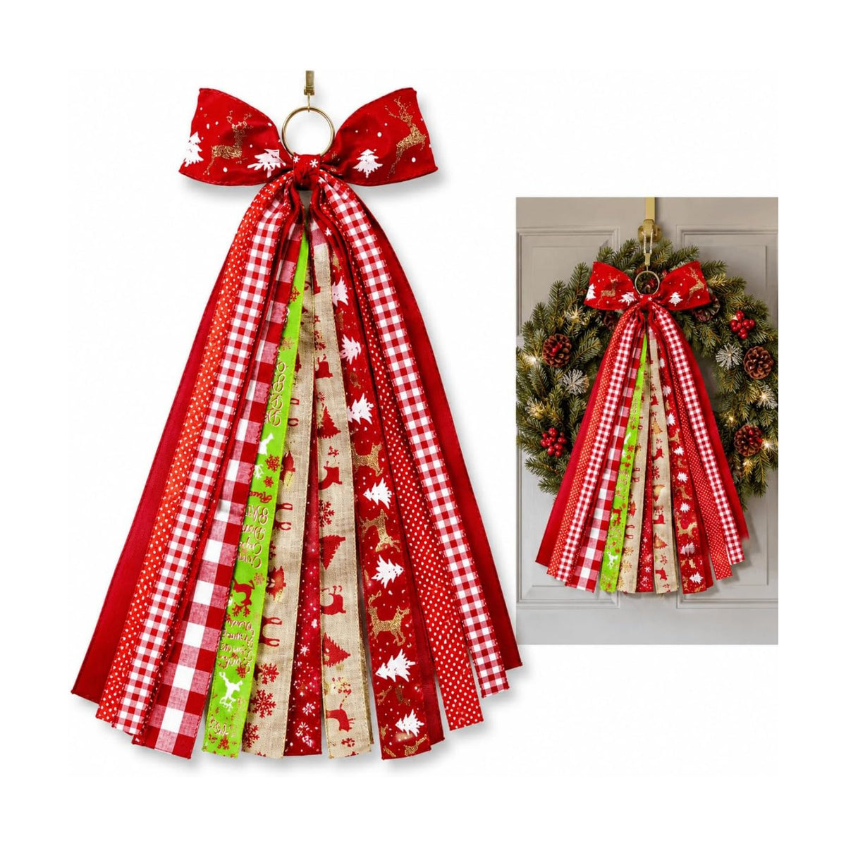 23.6in Christmas Wreath Bow Plaid Ribbon Door Swag Decor