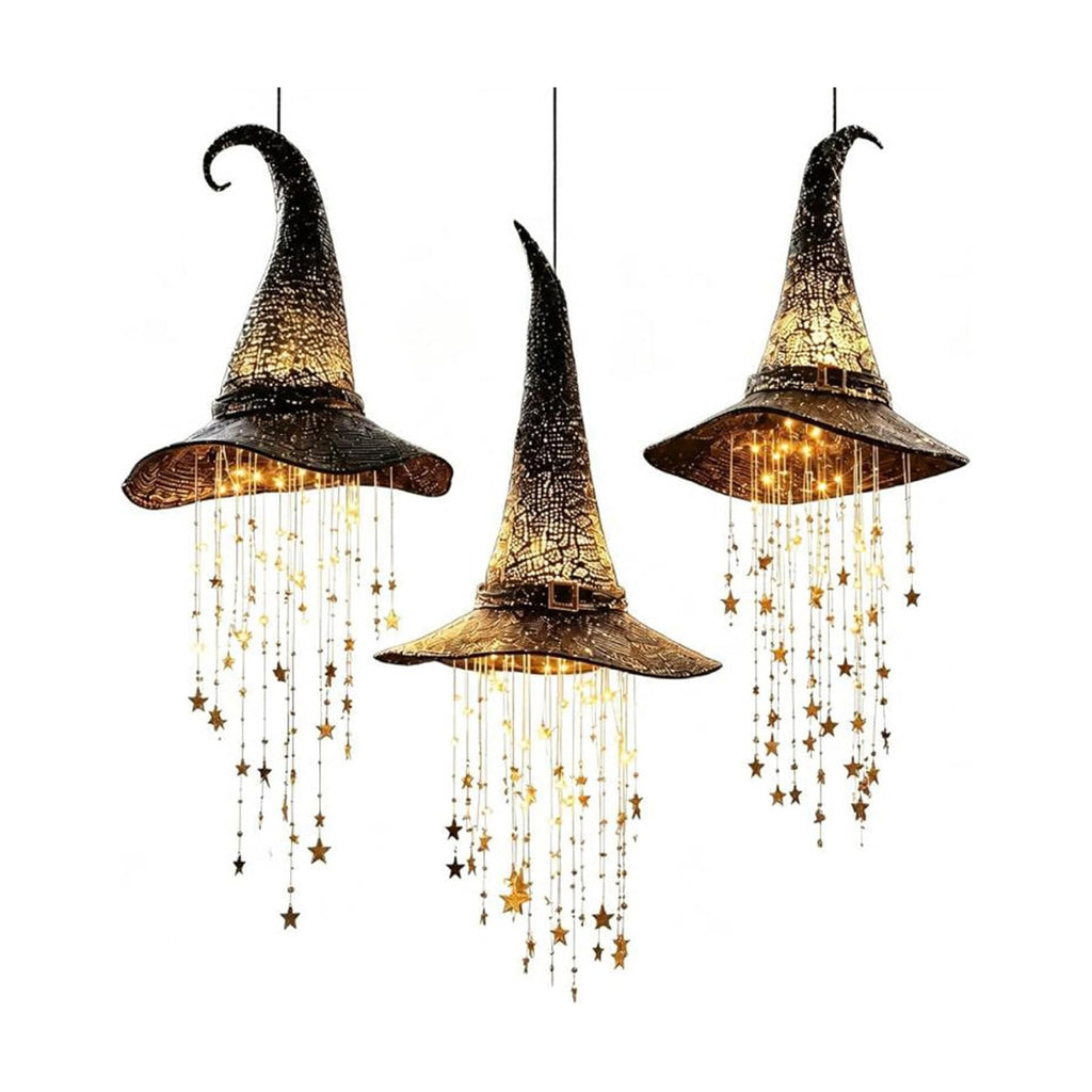 Lighted Witch Hat Hanging Chime, Spooky Witch Hat Lamp with Cascading Stars