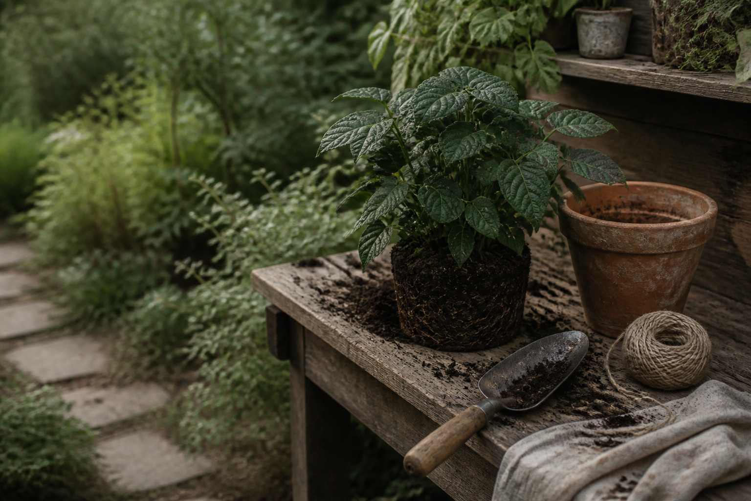 A leafy plant, soil, terracotta pot and hand trowel on a weathered garden bench